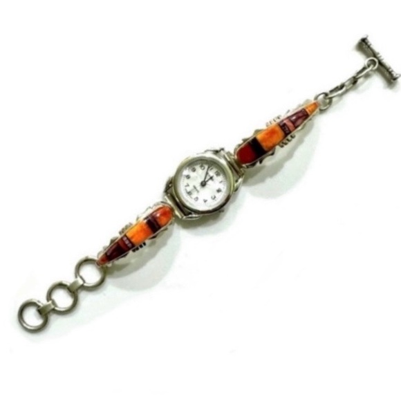 SALE Signed- Ervin Hoskie Navajo Vintage Watch Tips Sterling Silver Toggle Chain - Picture 2 of 9